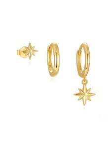 3 Pieces/Set Minimalist Golden Octagram Pendant & Hoop Earrings Set, Geometric Circle Earrings, Elegant Daily Matching Jewelry