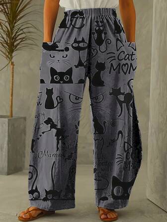 Höst/vinter Moderna Casual Semesterstil Eleganta Mångsidiga Dambyxor med Slim-Fit För Utomhus, Hem, Resor, Arbete - Hela Stycken Katttryck Byxor med Plåsterfickor, Resår i Midjan, Vida Ben, Andningsbara Lätta Dambyxor med Vida Ben, Lämpliga För Alla Årstider