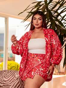 Plus Size 2-Piece Shorts And Kimono Set - Red and White - View 1