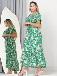 WOMEN'S LONG MIDI DRESS WITH PUFFED SLEEVES AND RUFFLES, OFF-THE-SHOULDER, TRES MARIAS - Verde militar - Ver 4