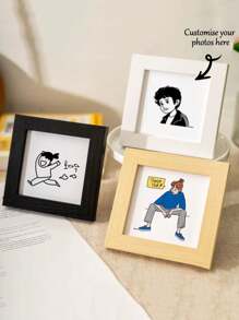 1pc 4 Inch Mini Square Wooden Frame, Creative Cartoon Photo Frame, Tabletop Decor Frame, Gift For Wedding Anniversary, Family Photo Display Gifts Birthday Graduation