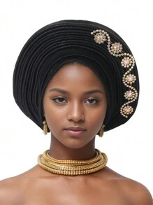 1pc African Style Head Wrap With Layered Bejeweled Edge Head WrapAccents, Laminated Strap Cap, Traditional African Turban Hat For Women Personalized Elastic Headwear