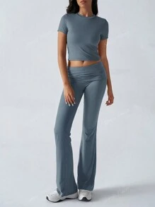 2pcs/Set Women Summer Solid Color Round Neck Short Sleeve Fitted T-Shirt And High Waist Ruffle Flared Pants, Athleisure Set
