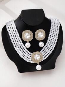 1 Pezzo di Gioielleria Elegante e Alla Moda, Set di Collana Choker Multistrato Finta Perla e 1 Paio di Orecchini a Goccia in Strass e Finta Perla, Perfetto per Banchetti, Feste, San Valentino, Abbinamento Abiti - Bianco - Visualizzare 2