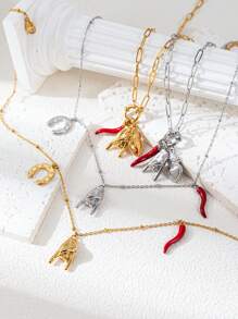 1Pc Versatile Fashion Classic Red Bull Horn Sacred Heart Rock Gesture Detachable Pendant Necklace, Stainless Steel Plated Genuine Gold Color Preserving Waterproof, Women Gifts, Women's Jewelry