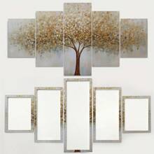 Conjunto de 5 peças de arte de parede em tela com moldura da Árvore da Vida e folha dourada - Pôsteres de paisagem de decoração de arte moderna impressos em tela, arte texturizada com moldura de madeira para sala de estar, quarto, banheiro, sala de jantar - Impressões de arte para interiores para pôsteres de estética de fazenda e casa, arte de parede, decoração de quarto, presentes, aniversário, formatura