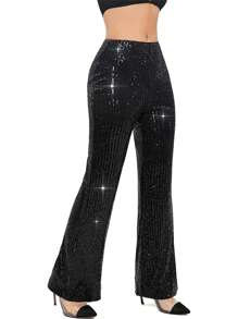 Women Flare Pants, Shiny Sequined Stretchy Slim Fit Ladies Long Trousers For Club Bar - màu đen - Xem 2