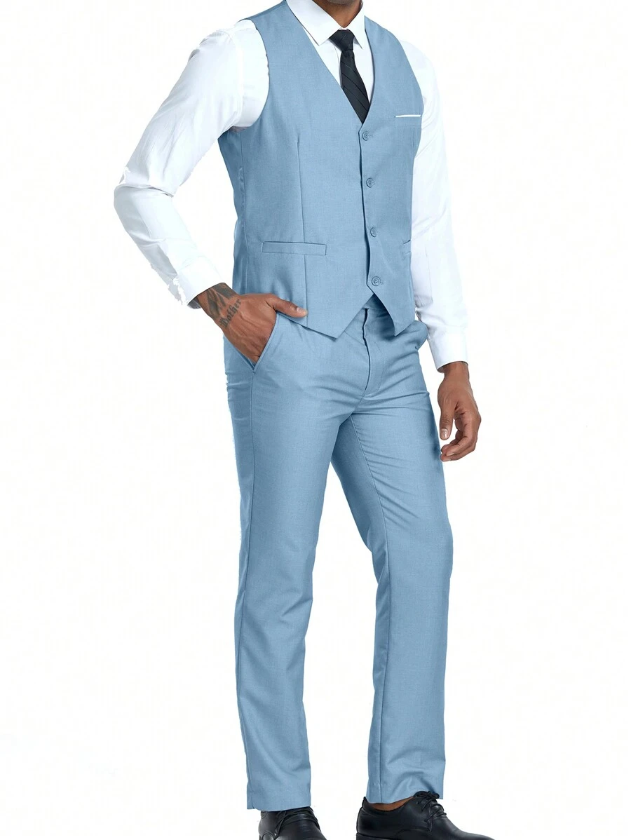 Men's Suits 2 Pieces Suit Elegant Solid Slim Fit Gentleman Vest Pants Suit Set For Men Business Commute Wedding Party Prom  Size XS-XXXL Fall Winter Clothes For Men - 淺藍色 - 查看 1