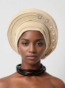 1pc African Style Head Wrap With Layered Bejeweled Edge Head WrapAccents, Laminated Strap Cap, Traditional African Turban Hat For Women Personalized Elastic Headwear