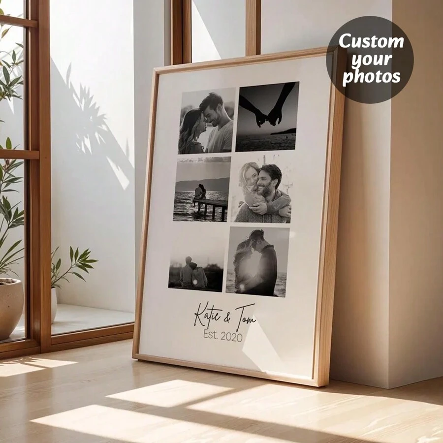 1 szt., spersonalizowana sztuka ścienna ze zdjęciem pary, spersonalizowany plakat ze zdjęciem w sześciu kratkach, prezent na walentynki, prezent na rocznicę, dekoracja sypialni, dekoracja salonu, dekoracja biura, bezramkowa, walentynki, prezenty dekoracyjne na walentynki urodziny ukończenie szkoły