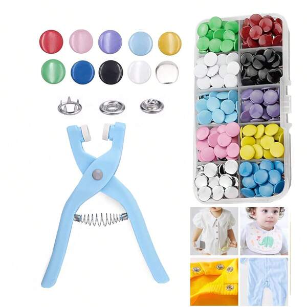 EDCUEBE7 EDCUEBE7 Kit de herramientas con 50/200 piezas de broches de metal sólidos y de colores, alfileres de decoración de moda con nuevos sujetadores fijos, alicates de engarzado, caja de almacenamiento de 10 compartimentos, adecuado para manualidades DIY, ropa, zapatos, baberos, sombreros, paraguas y costura. Juego de broches a presión para tela (colores de los botones enviados al azar)