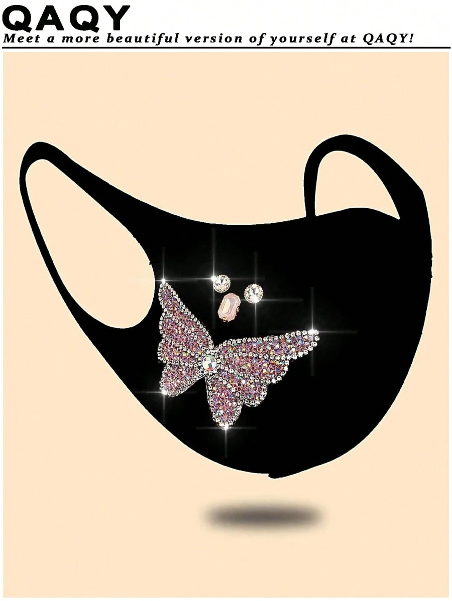 1 pieza Máscara de tela negra con patrón de mariposa de rhinestone rosa, ligera, transpirable, protección solar, a prueba de polvo, adecuada para exteriores, uso diario, fiesta - Ver 1