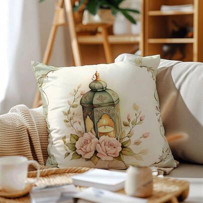 1 peça capa de almofada decorativa com estampa de aquarela e design de lanterna floral minimalista, tecido de veludo pêssego macio, impressão de um lado, 45*45 cm, estilo campestre fresco para sofá, cama, decoração de casa, todas as estações