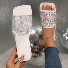 Women's Fashion Net Mesh Sequin Beach Sandals, Casual Slip-On Slippers, Sweet And Cute Design, Suitable For Home, Vacation, Beach - White - View 4
