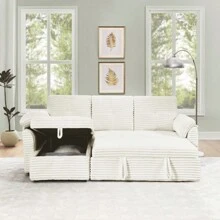 Corduroy Tufted Upholstered Sleeper Sectional Sofa L-Shaped Modular Convertible Sofa With Storage Chaise Pull Out Sleep Couch Bed And Reclining Backrest Perfect For Living Space Beige