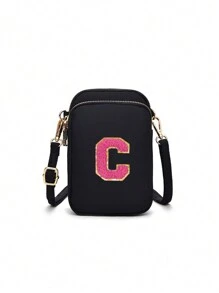 Bolso bandolera que se puede personalizar con su propio nombre, número de la suerte, letra y texto, con 26 parches de letras para DIY, un bolso clásico y versátil que se vende a gran escala, con un diseño de cremallera de tres capas que puede contener teléfonos móviles, monedas, etc., bolso bandolera de moda casual PC apto para chicas, viajes, vuelta al colegio, regalos, con bolsillo vertical para teléfono móvil y monedas - Cremallera negra de tres capas + 5,5 letras rojas rosas - Ver 28