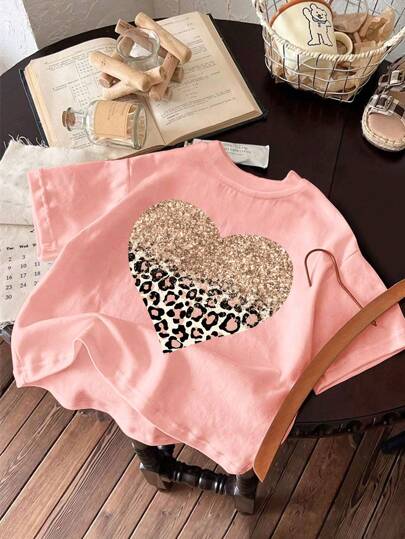 Tween Girl Adorable Sunshine Girl Leopard Print Pink Heart Cartoon Graphic Sweatshirt, Crew Neck T-Shirt, New Spring/Summer