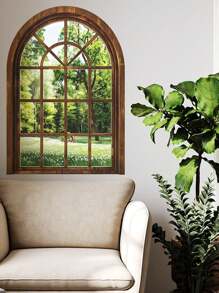 mama look 2 Pcs European Style Fake Window, Lawn Forest Wall Stickers, Self-Adhesive Decorative Wall Art Mural For Living Room, Entrance, Bedroom, Removable PVC Wall Decals Gifts Birthday Graduation - Green - View 1