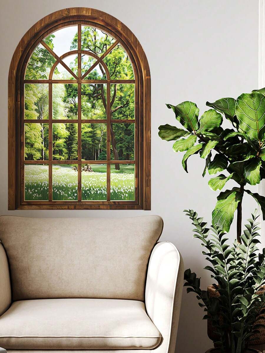 mama look 2 Pcs European Style Fake Window, Lawn Forest Wall Stickers, Self-Adhesive Decorative Wall Art Mural For Living Room, Entrance, Bedroom, Removable PVC Wall Decals Gifts Birthday Graduation - Green - View 1