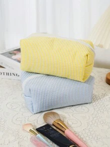 Stripped Pattern Fluffy And Soft Women Makeup Bag Travel Zipper Cosmetic Bag Storage Pouch Cute Gingham Toiletry Bag Checkered Pattern Large Capacity Make Up Organizer Travel Skincare Makeup Storage Bag With Handle Multifunctional Storage Bag Portable Toiletries Travel Storage Bag, Handheld Bag, Minimalist Jewelry Storage Bag Makeup Bags Makeup Pouch Make Up Pouch Make Up Bag - Multicolor - View 3