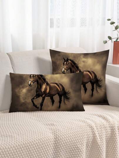 1 件马图案靠垫套，现代布艺法兰绒印花装饰枕套，适用于沙发客厅家居装饰，不含填充物