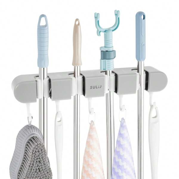 Broom Mop Holder With Hooks Wall Mounted Broom Storage Rack No Drilling Self-Adhesive Mop Broom Organizer Mop Holder Hanger For Bathroom Office Kitchen Closet Garage