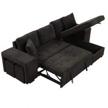 104.5" Modern L-Shape 3 Seat Reversible Sectional Couch Pull Out Sleeper Sofa With Storage Chaise And 2 Stools For Living Room Furniture Set Charcoal Grey