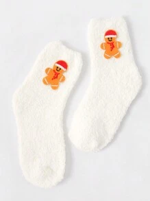1pc/Set Fluffy Socks For Women/Men/Girls/Boys, Warm & Thick Solid Color, Gingerbread Man Christmas Pattern, Soft Plush Socks For Holiday Gift, Home, Sleep, Autumn & Winter - Multicolor - View 9