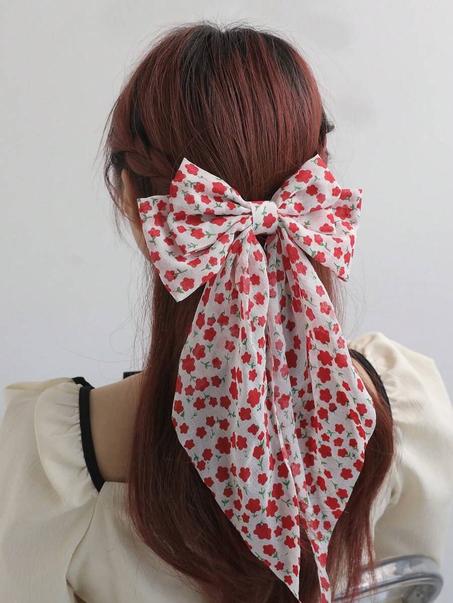 1pc Women's Minimalist Elegant Red/Pink Flower & Bow Print Ribbon Hair Clip, Suitable For Daily, Party, Valentine's Day Gift For Girlfriend, Couples, Claw Clips, Hair Slide, Hair Barrettes - Multicolor - View 1