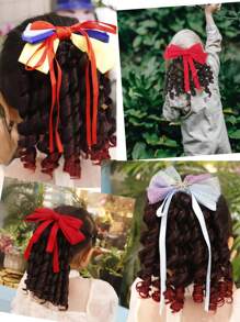Princess Curly Ponytail Black Gradient Burgundy Wig Ponytail Clip In Ponytail Extensions Spring Curly Bow Ponytail Children's Hair Accessories - Multicolor - View 7