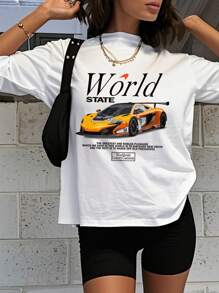 White Women's Casual Everyday Round Neck Race Car Printed Short Sleeve T-Shirt, Spring/Summer - White - View 6