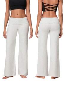 Women's Spring Summer Baggy Pants Foldover Waist Solid Color Loose Wide Leg Pants - Grey - View 3
