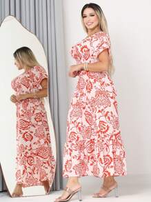 WOMEN'S LONG MIDI DRESS WITH PUFFED SLEEVES AND RUFFLES, OFF-THE-SHOULDER, TRES MARIAS - Red and White - View 4