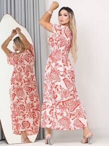 WOMEN'S LONG MIDI DRESS WITH PUFFED SLEEVES AND RUFFLES, OFF-THE-SHOULDER, TRES MARIAS - Red and White - View 3