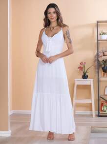 Long Plain Viscose Dress With Straps And Cups - White - View 2