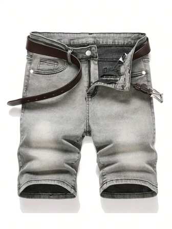 男士高街时尚灰色口袋休闲牛仔短裤