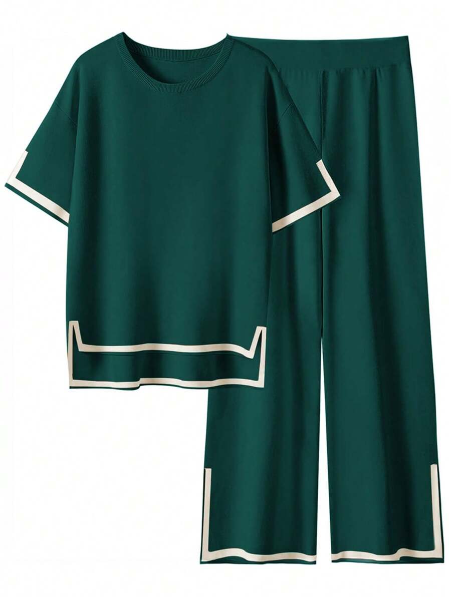 女士时尚针织拼色圆领短袖上衣和阔腿裤宽松套装 - 綠色 - 查看 1