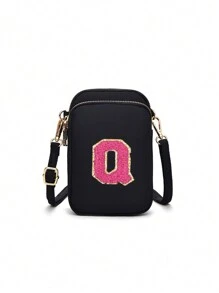 Bolso bandolera que se puede personalizar con su propio nombre, número de la suerte, letra y texto, con 26 parches de letras para DIY, un bolso clásico y versátil que se vende a gran escala, con un diseño de cremallera de tres capas que puede contener teléfonos móviles, monedas, etc., bolso bandolera de moda casual PC apto para chicas, viajes, vuelta al colegio, regalos, con bolsillo vertical para teléfono móvil y monedas - Cremallera negra de tres capas + 5,5 letras rojas rosas - Ver 33