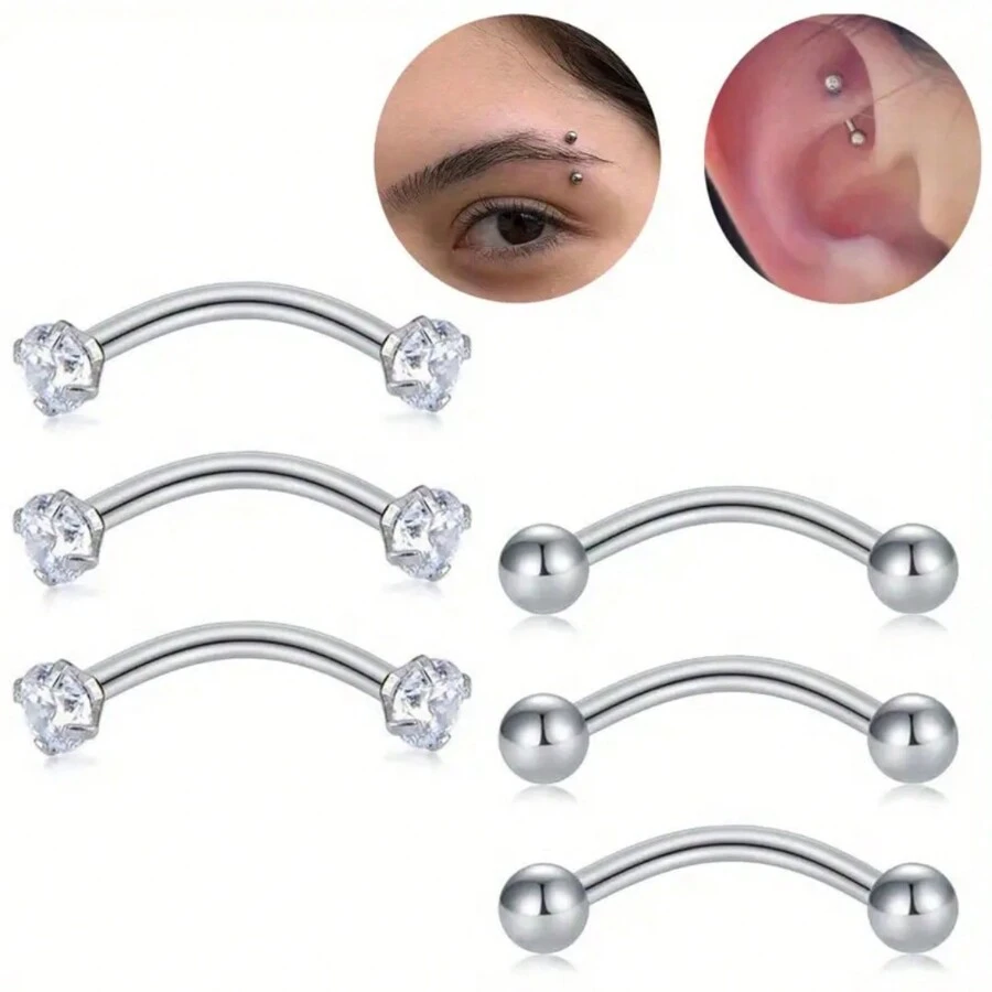 6/7pcs Stainless Steel Body Piercing Set - 6/8/10mm Barbell Rings For Eyebrows, Belly, Lip & Cartilage - Fashion Accessories - Multicolor - View 1