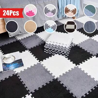 24pcs Plush Patchwork Carpet, Fluffy Bedside Rug, Puzzle Foam Floor Mat, Square Bay Window Cushion, Aesthetic Room Decor, Suitable For Living Room, Bedroom, Tatami, Game Room, 11.81*11.81 Inches, Washable And Trimmable, Four-Season