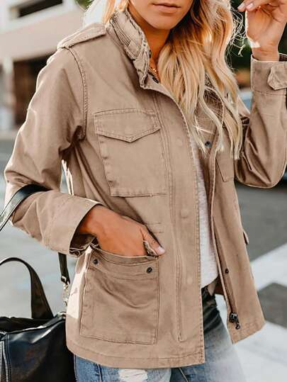 Womens Military Utility Anorak Jackets – Zip Up Snap Button Parka Coat With Pockets