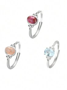 100% 天然石榴石 / 太阳石 / 托帕石女士戒指 925 纯银宝石戒指时尚可调节结婚戒指周年纪念珠宝新年情人节礼物 - 花葉 - 查看 13