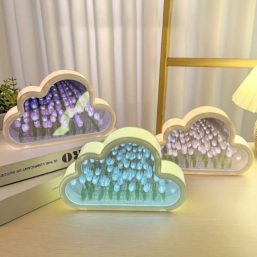 This Is A Cloud Flower Sea Tulip Bedside Night Light With A Mirror On The Back. It Is Suitable For Holiday Decoration And Is A Birthday Gift For Friends Valentine's Day Easter Gifts