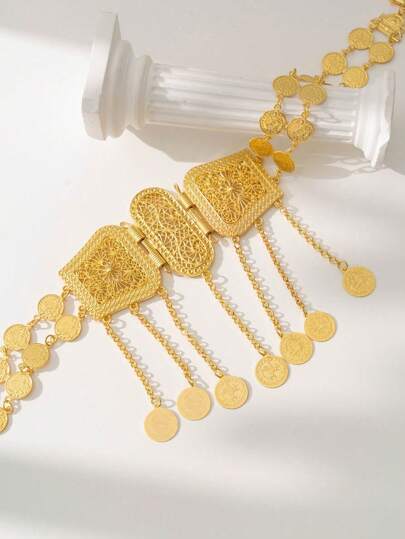 Herseygold 1pc Gold-Plated Kurdish Turkish Women Waist Chain, Middle Eastern Totem Tassel Waist Belt, Accessory For Arabian Women Long Dress, Festival Gift