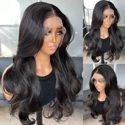 #2 Natural Black Curtain Bangs 13x4 Synthetic Lace Front Wigs For Women 22 Inch Long Wavy Body Wave Glueless Kanekalon Hair Resistant Synthetic Hair Wigs Middle Part 150% Density Natural Hairline Curly Glueless Wigs For Fashion Women Girls Party Vacation Show Makeup Use Daily Wear