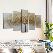 Conjunto de 5 peças de arte de parede em tela com moldura da Árvore da Vida e folha dourada - Pôsteres de paisagem de decoração de arte moderna impressos em tela, arte texturizada com moldura de madeira para sala de estar, quarto, banheiro, sala de jantar - Impressões de arte para interiores para pôsteres de estética de fazenda e casa, arte de parede, decoração de quarto, presentes, aniversário, formatura