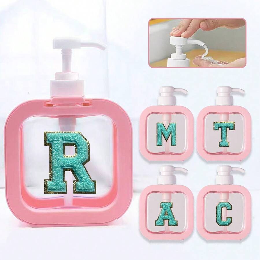 Hộp đựng bình đựng sữa dưỡng thể tạo bọt 500ml có thể nạp lại, hộp đựng bọt ép, hộp đựng chai đựng thời trang, nước rửa tay, dầu gội, sữa tắm, sữa tắm, phụ kiện phòng tắm, tên viết tắt Chenille A-Z, mẫu 26 chữ cái - Hồng - Xem 1