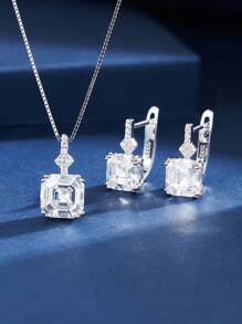 AETOLIA 1 套奢华 925 纯银优质锆石项链和耳环套装，镶嵌闪亮方形切割 5A 方晶锆石，优雅珠宝，适合女性在约会/婚礼/订婚/周年纪念/情人节佩戴 - 925純銀 - 查看 7