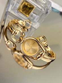 1pc Women's Simple Horseshoe Shaped Gold Case Colorful Dial Metal Alloy Band Fashion Quartz Watch, Suitable For Daily Wear