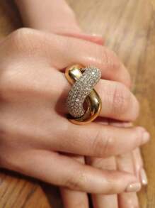 1pc Popular Luxury Unique X-Shaped Gold-Plated Rhinestone Ring, Wedding Engagement Party Anniversary Valentine's Day Jewelry Gift For Women Valentines - Gold - View 9